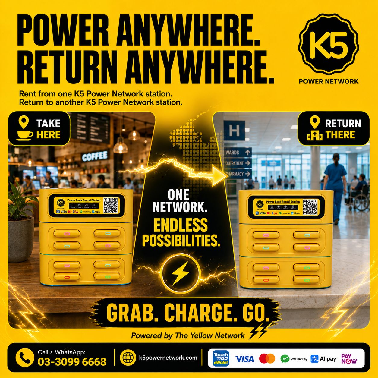 K5 power bank rental stations placed across different real-world locations in Malaysia